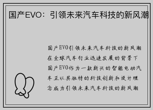 国产EVO：引领未来汽车科技的新风潮